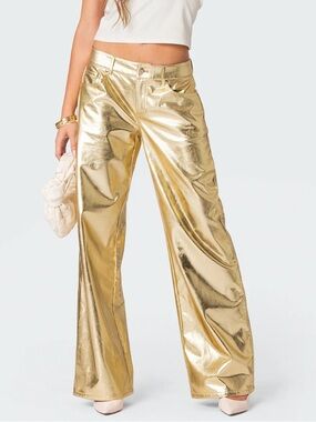 Rochelle Low-Rise Wide-Leg Metallic Pants - Gold Edikted